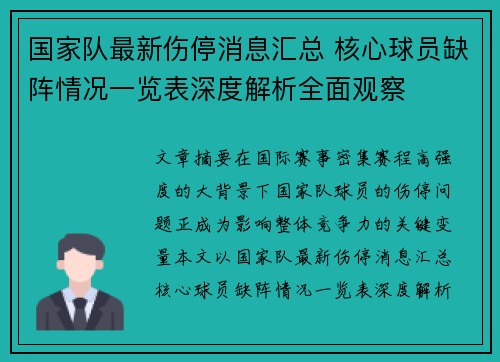 国家队最新伤停消息汇总 核心球员缺阵情况一览表深度解析全面观察